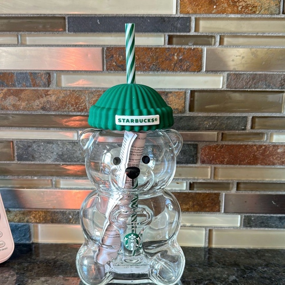 Starbucks Clear Bear Tumbler with Green Lid and Straw